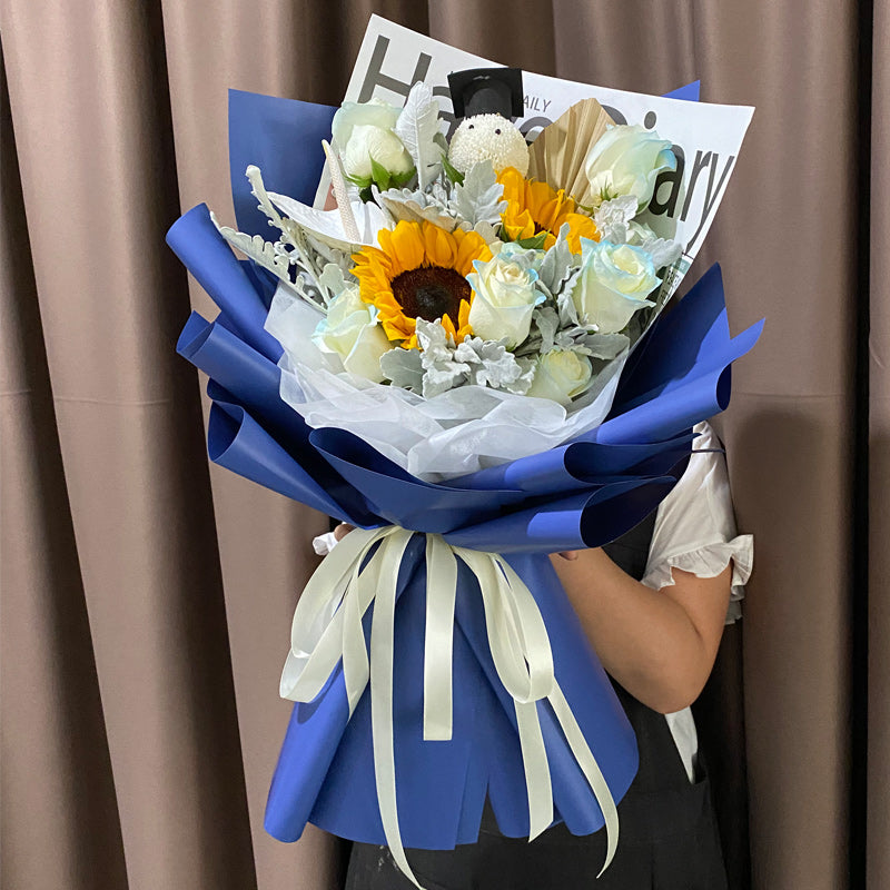 Graduation Roses Individually Wrapped Sunflower White Rose Graduation Bouquet - Happier Collection